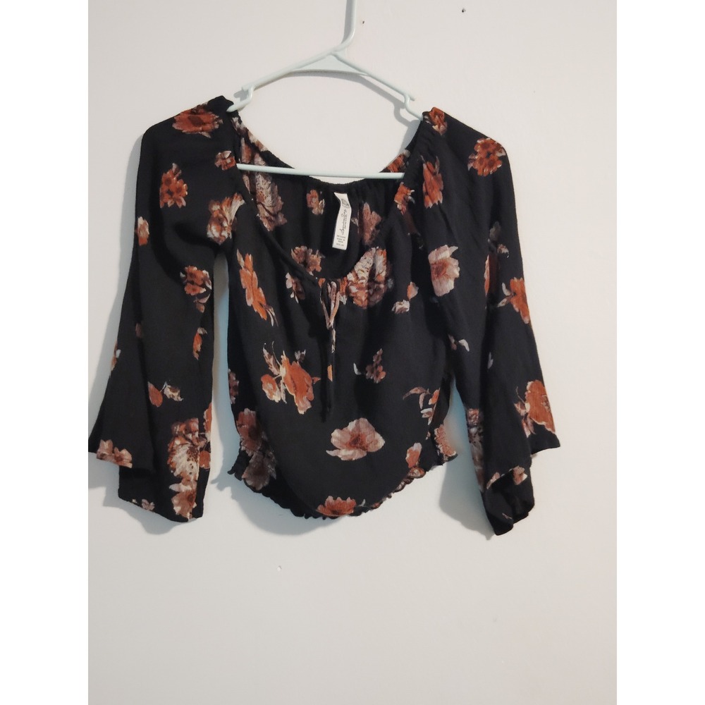 American Rag Women's Floral Black Orange Bell Sleeve Crop Blouse Size XS‎